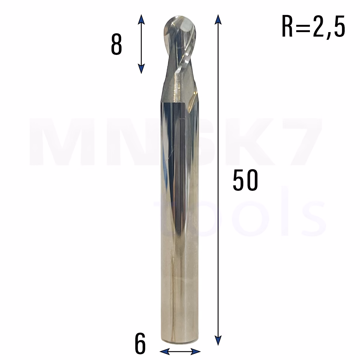 Frez kulowy 3D 2P | trzpień 6 mm | fi 5 x 8 x 50 | R2.5 | HRC55 | VHM CNC