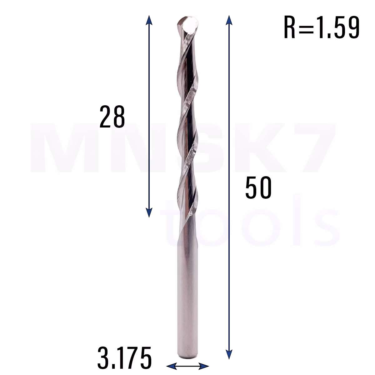 Frez kulowy 3D 2P | trzpień 3.175 mm | fi 3.175 x 28 x 50 | R1.59 | VHM CNC - obrazek 2