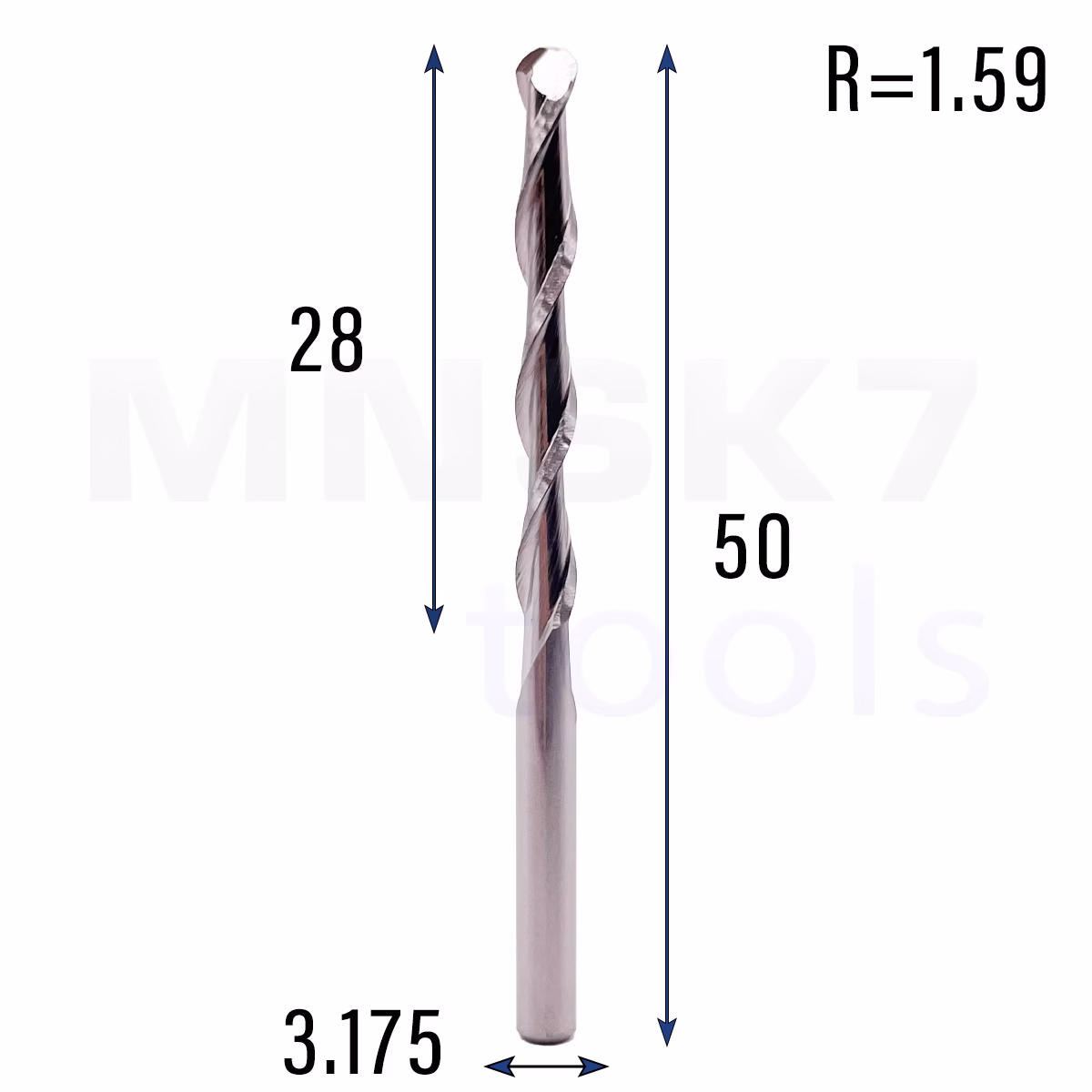 Frez kulowy 3D 2P | trzpień 3.175 mm | fi 3.175 x 28 x 50 | R1.59 | VHM CNC - obrazek 2