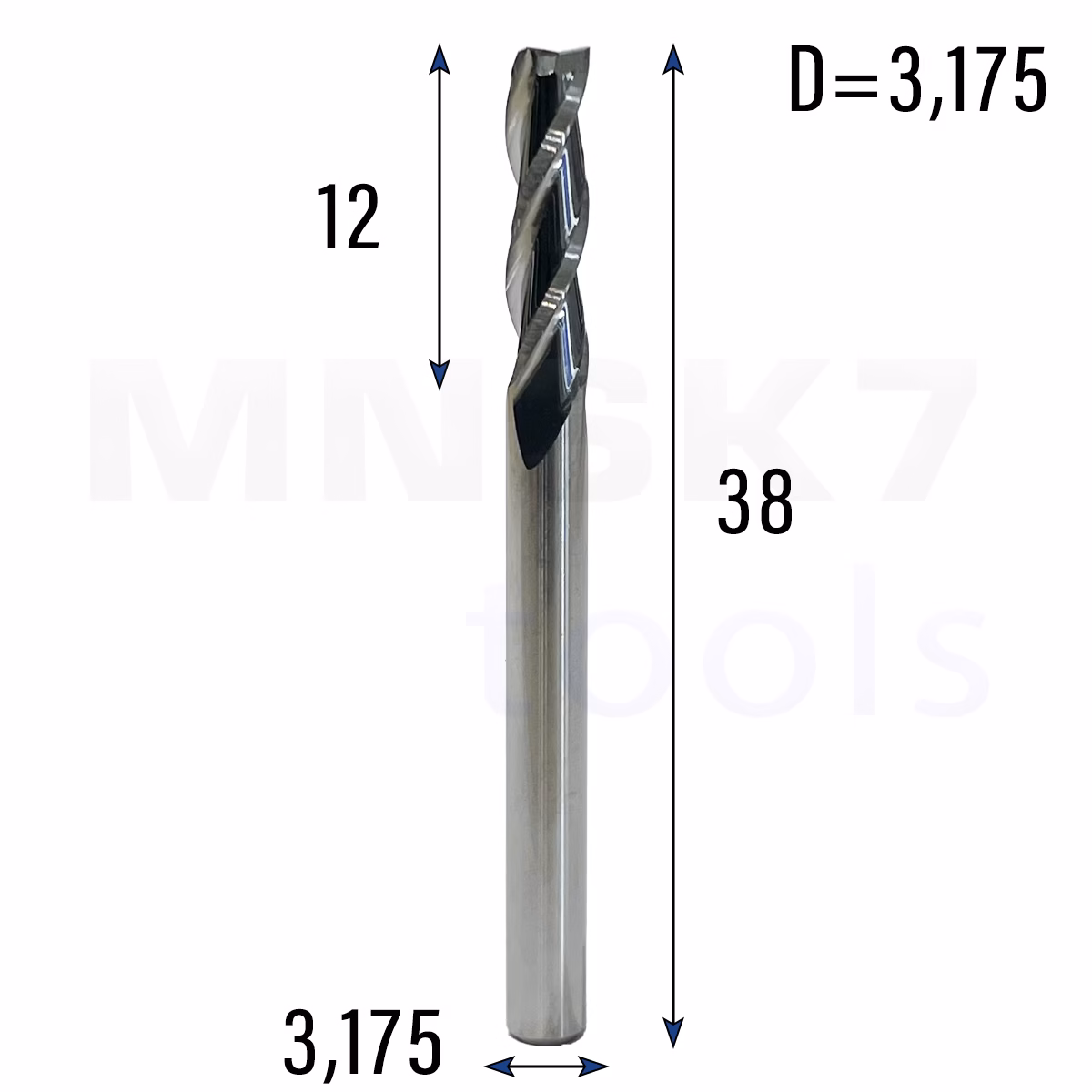 Frez palcowy spiralny do drewna 3P | fi 3.175 x 12 x 38 | CNC VHM