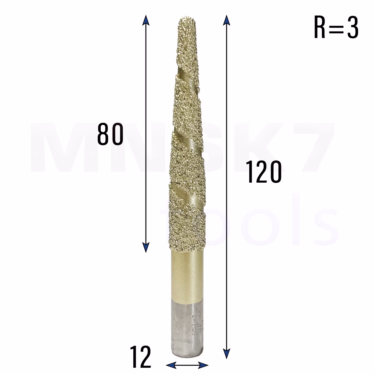 Frez diamentowy stożkowy kulowy do granitu 3D | R 3 | 12 × 80 × 120 | CNC