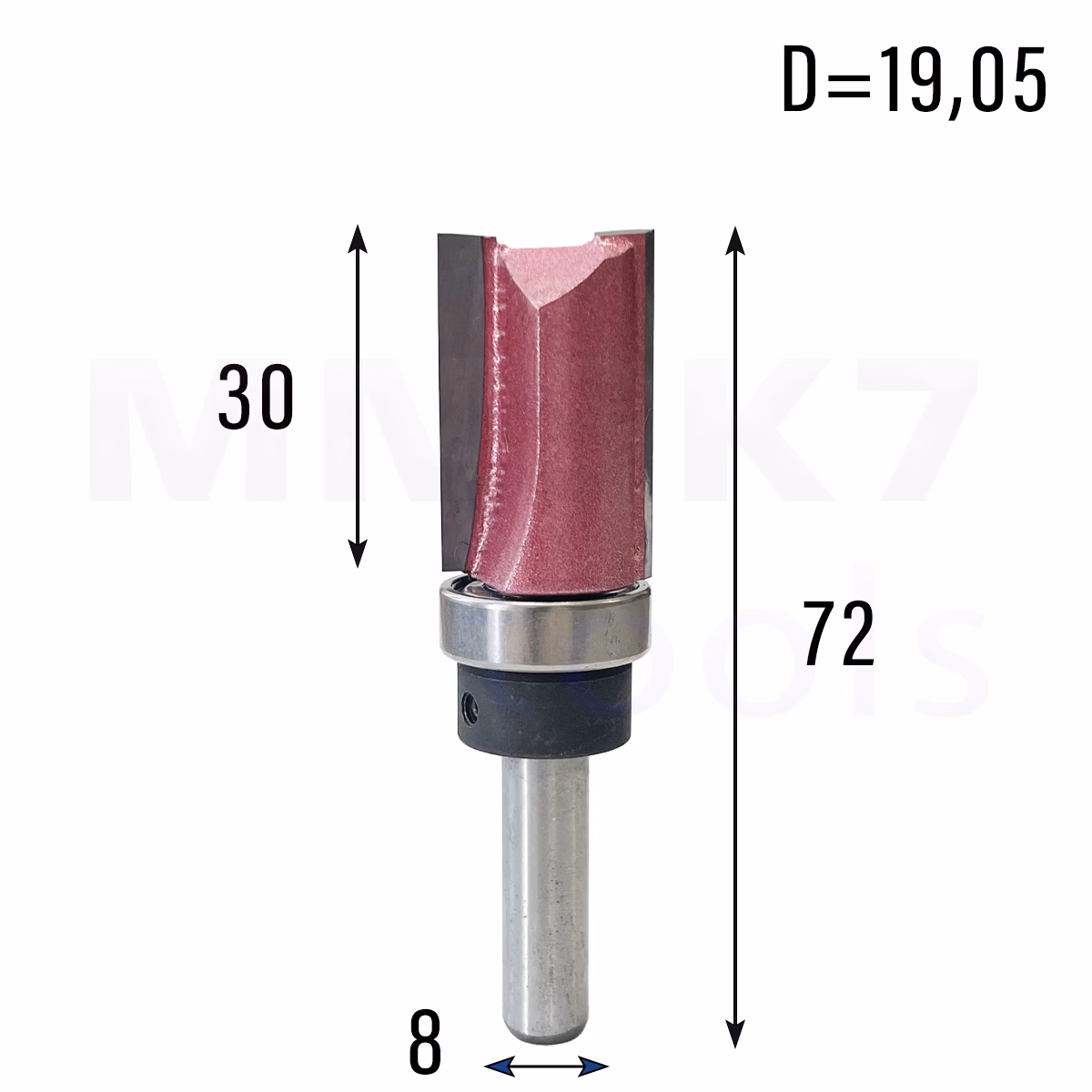Frez prosty do drewna 2P | trzpień 8mm | fi 19,05 x 30 | VHM | z łożyskiem