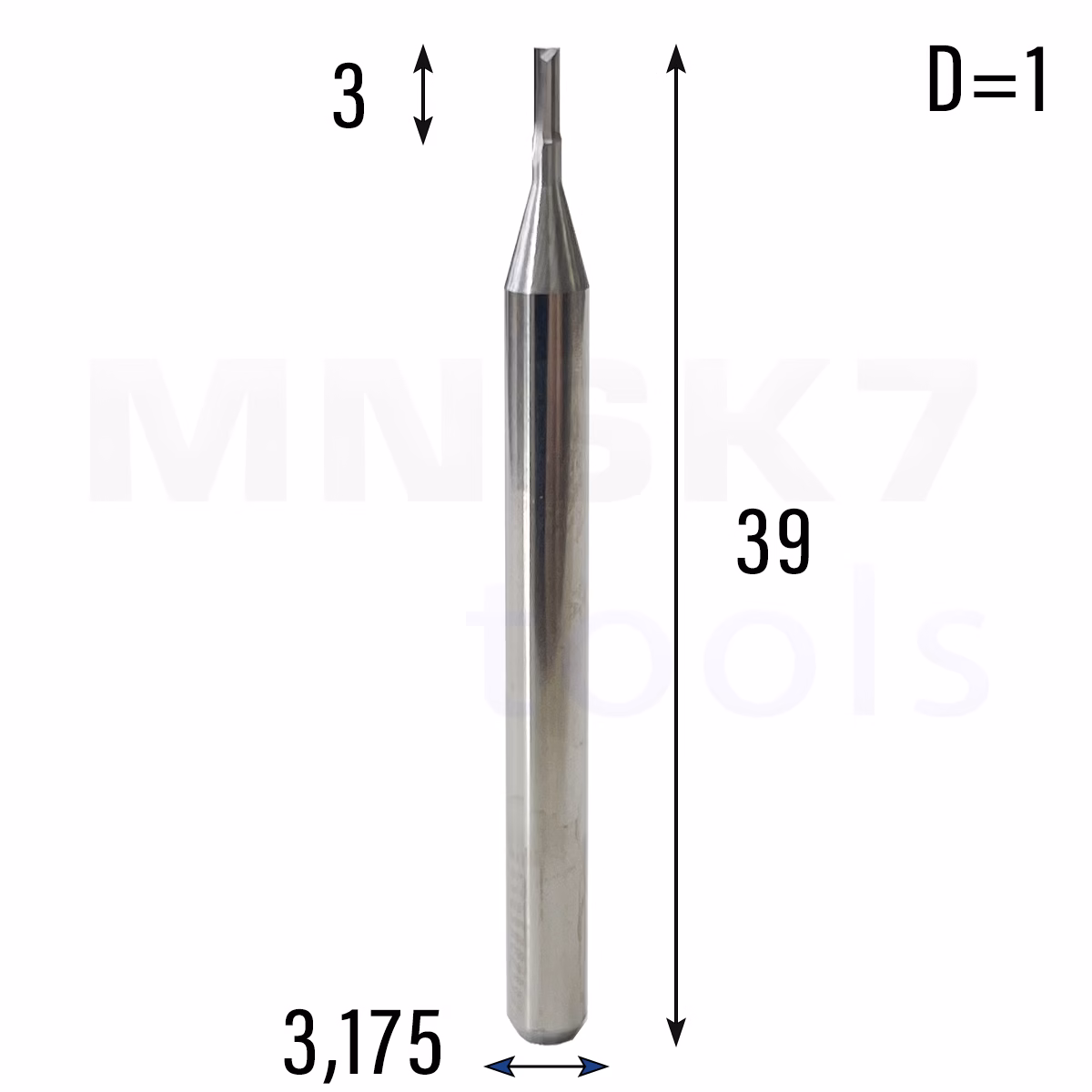 Frez prosty do drewna 2P | fi 1 mm x 3 mm x 39 mm | CNC VHM
