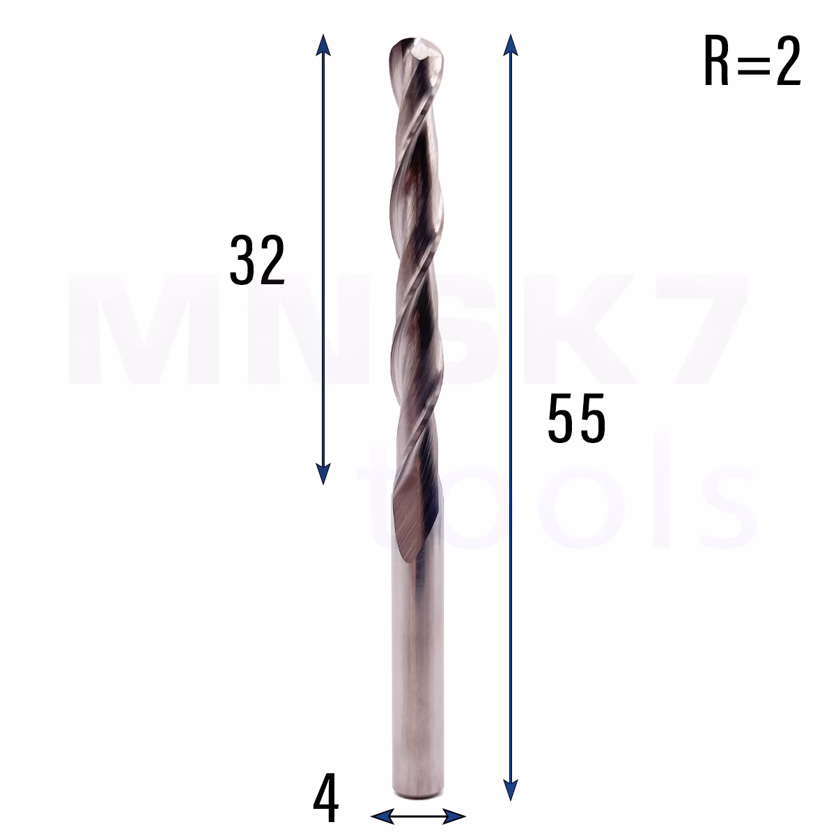 Frez kulowy 3D 2P | trzpień 4 mm | fi 4 x 32 x 55 | R2 | VHM CNC - obrazek 2