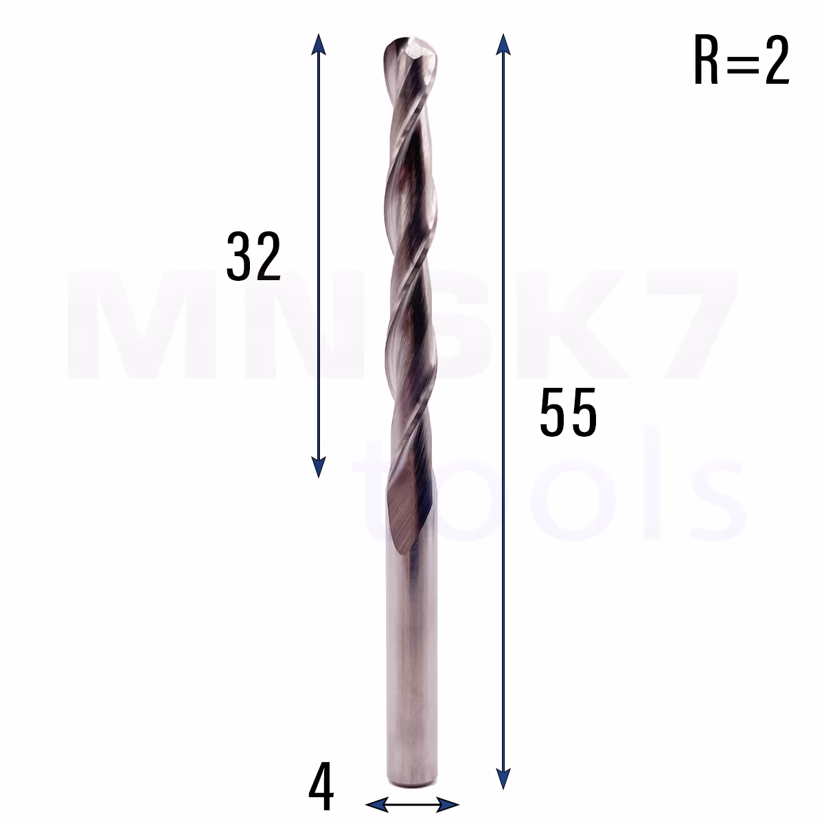 Frez kulowy 3D 2P | trzpień 4 mm | fi 4 x 32 x 55 | R2 | VHM CNC - obrazek 2