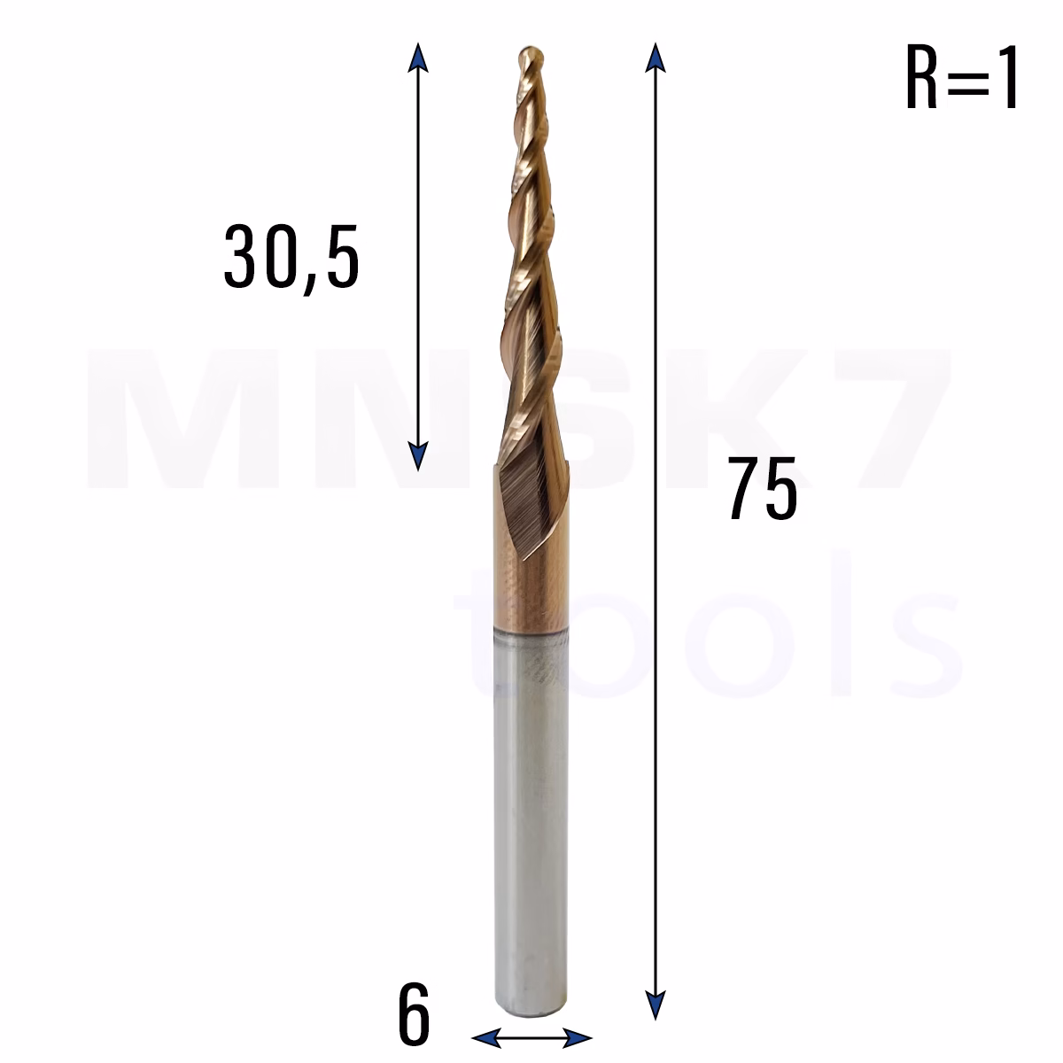 Frez stożkowy kulowy 3D | 6 x 30.5 x 75 | R1 | HRC55 | 3.75°