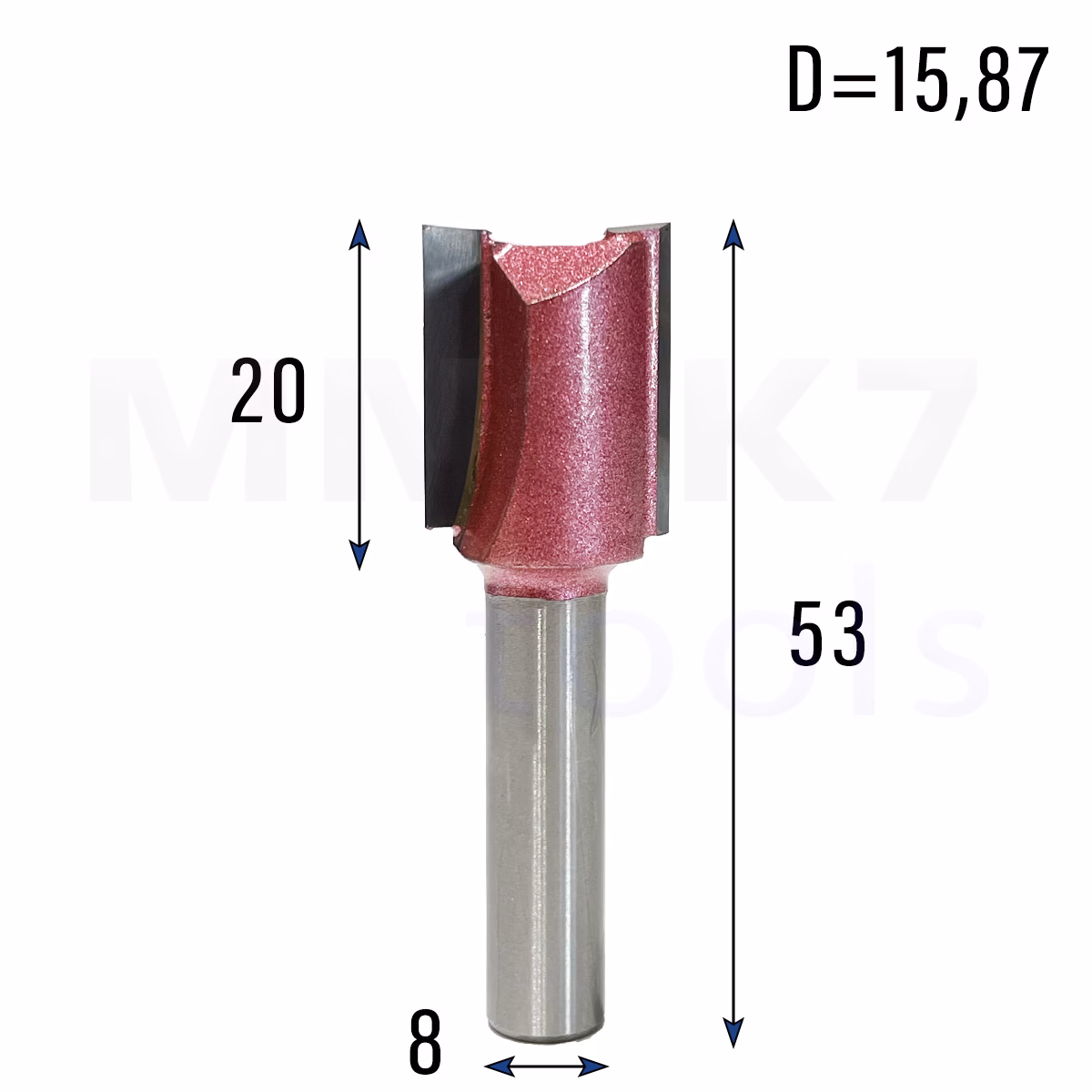 Frez prosty do drewna 2P | trzpień 8mm | fi 15,87 x 20 x 53 | VHM