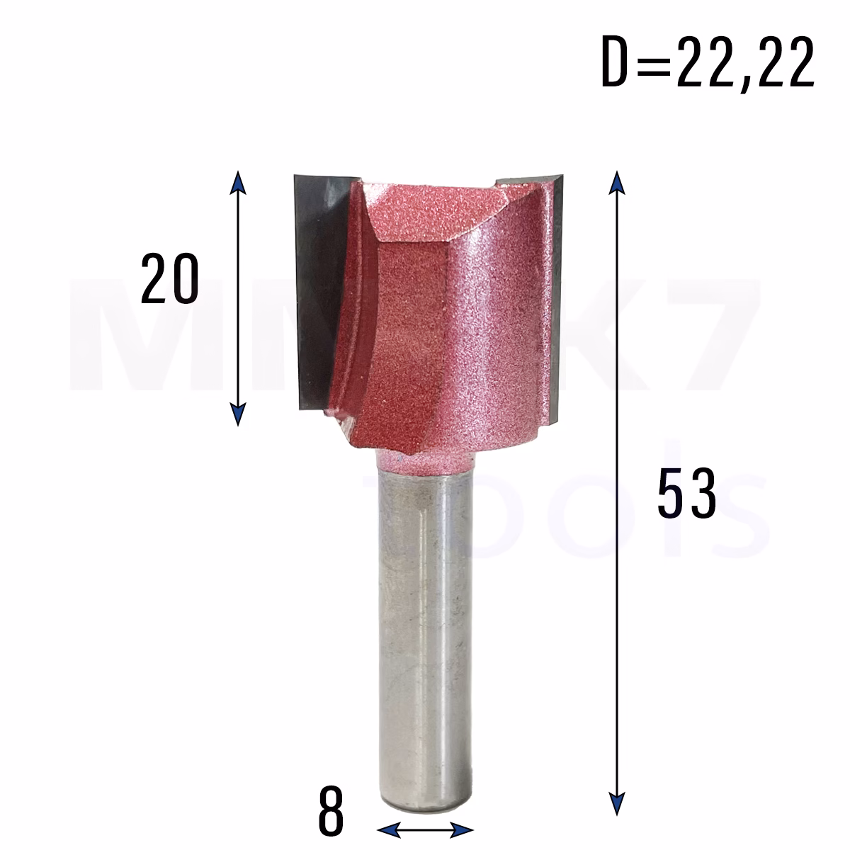 Frez prosty do drewna 2P | trzpień 8mm | fi 22,22 x 20 x 53 | VHM