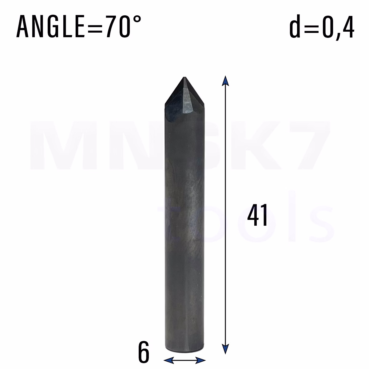 Frez diamentowy PCD do granitu | trzpień 6 mm | fi 0,4 x 41 | 70° | CNC