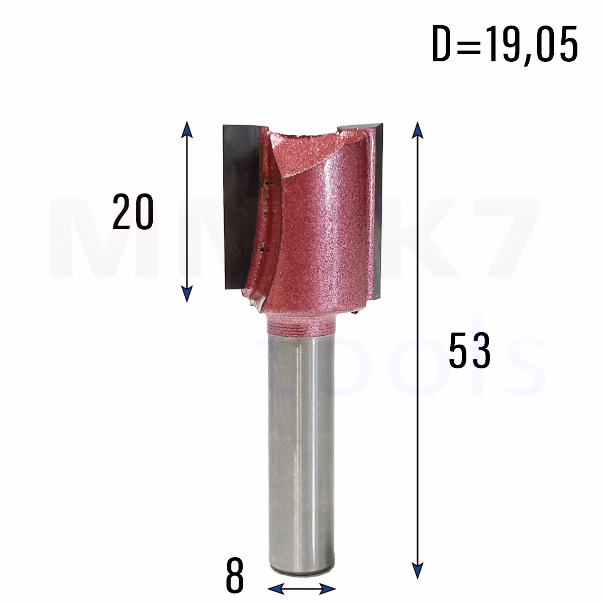 Frez prosty do drewna 2P | trzpień 8mm | fi 19,05 x 20 x 53 | VHM