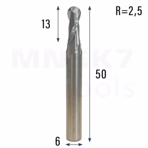 Frez kulowy 3D 2P | trzpień 6 mm | fi 6 x 13 x 50 | R2,5 | VHM CNC | HRC 55