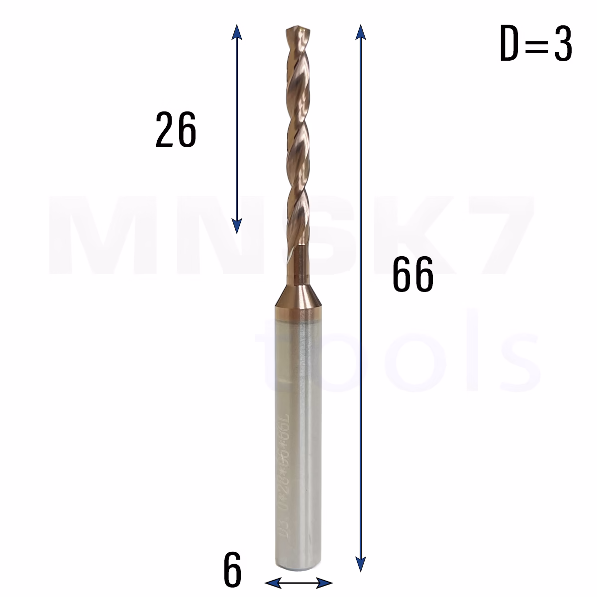 Frez wiertło CNC | fi 3 mm x 6 mm x 66 mm | VHM HRC65 | TiSiN