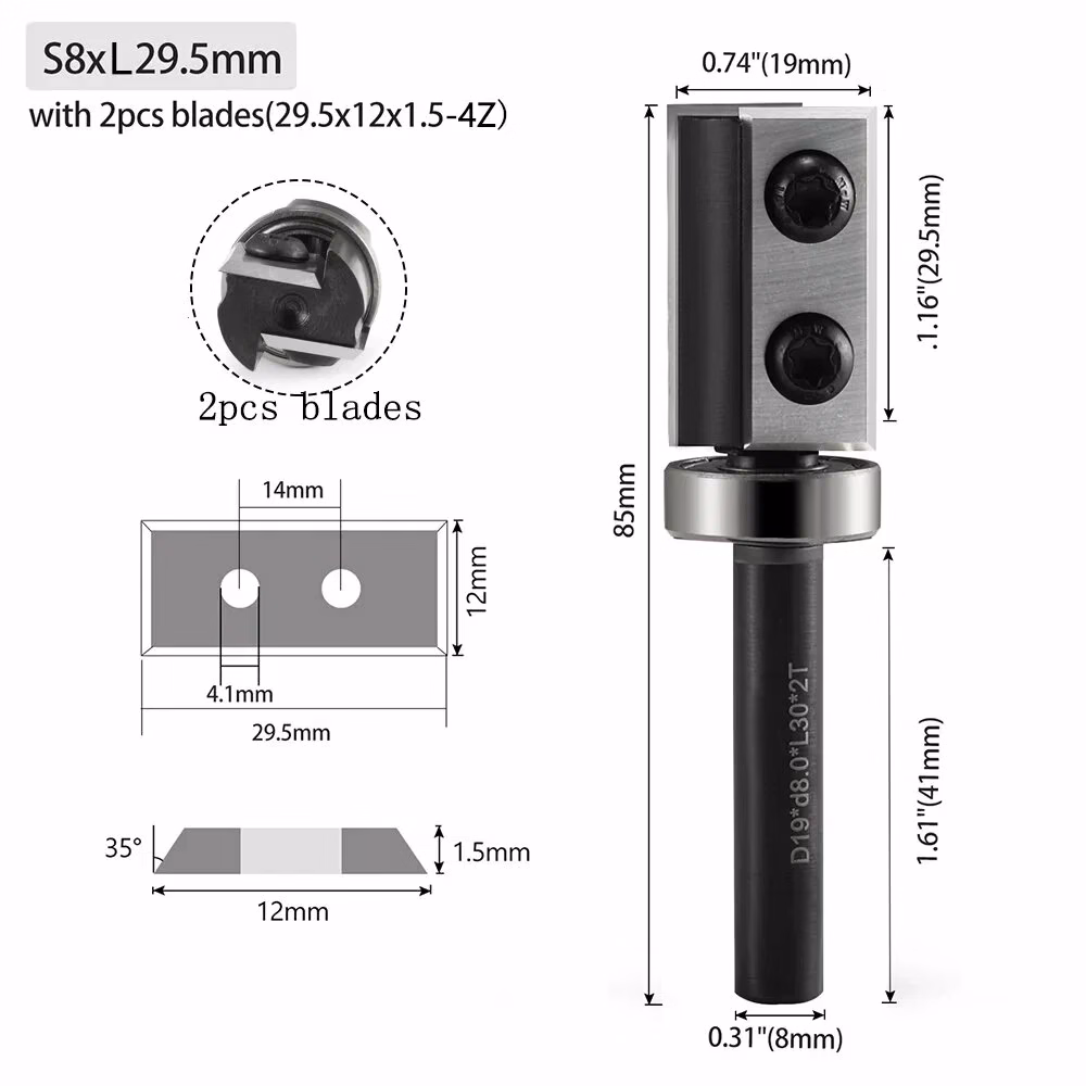 Frez prosty do drewna 2P | trzpień 8 mm | fi 19,05 x 29,5 | z łożyskiem 1L