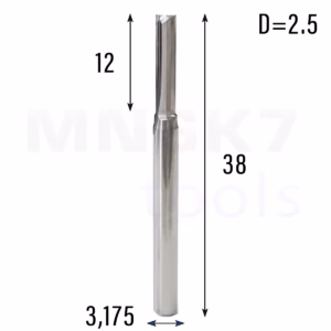 Frez prosty do drewna 2P | fi 2.5 mm x 12 mm x 38 mm | CNC VHM