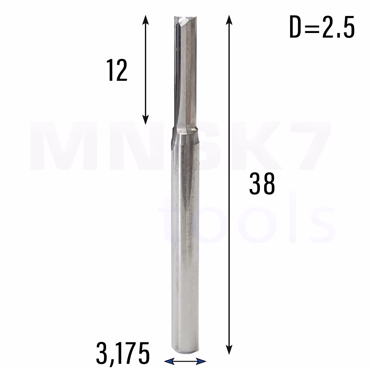 Frez prosty do drewna 2P | fi 2.5 mm x 12 mm x 38 mm | CNC VHM
