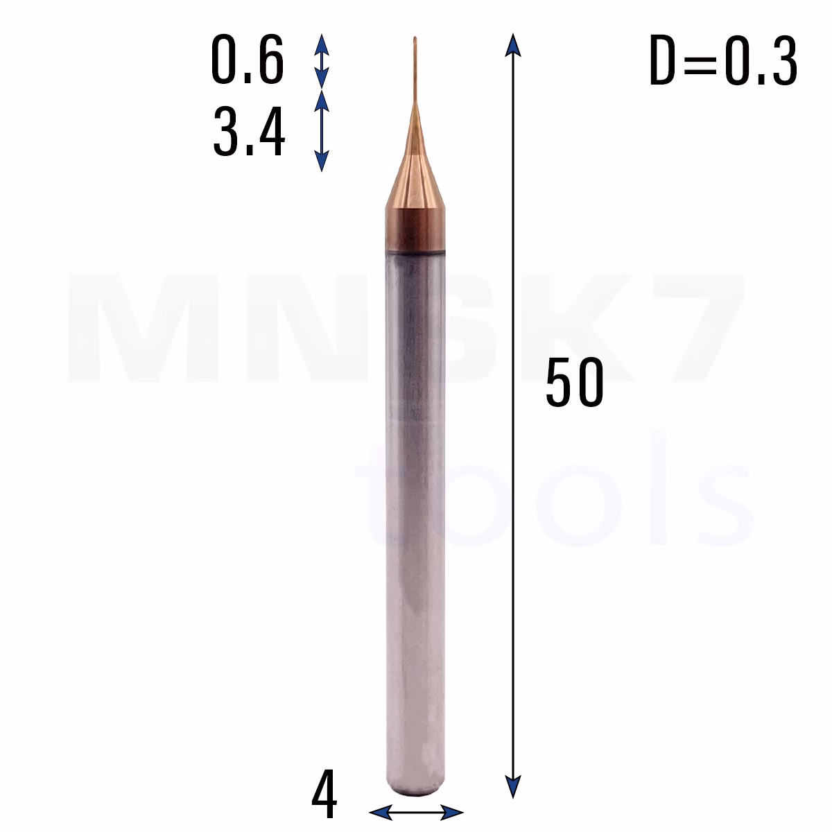 Frez palcowy mikro do metalu 2P | fi 0.3 mm * 50 mm | CNC VHM HRC 55