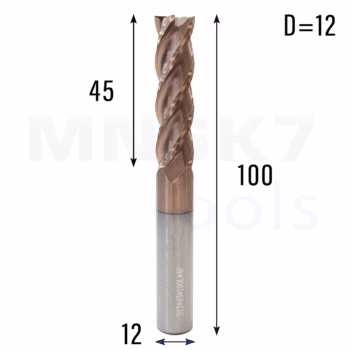 Frez palcowy długi do metalu 4P | fi 12 mm x 45 x 100 | CNC VHM HRC 55