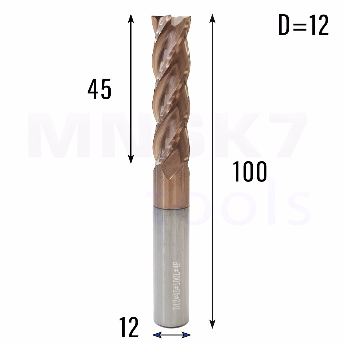Frez palcowy długi do metalu 4P | fi 12 mm x 45 x 100 | CNC VHM HRC 55