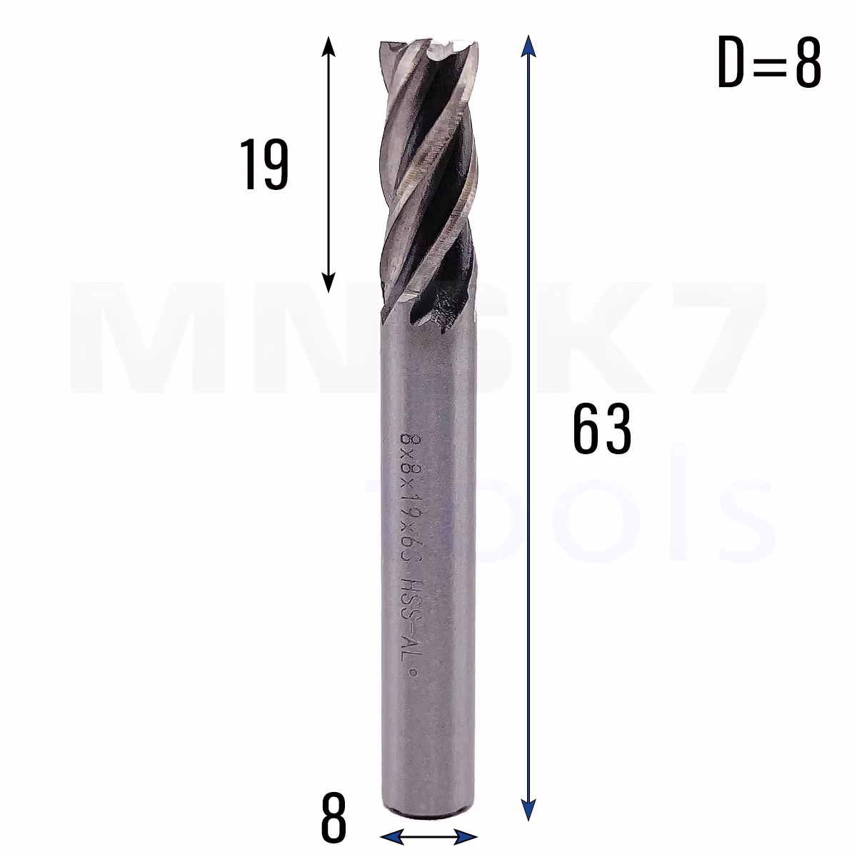 Frez palcowy do stali 4P | trzpień 8 mm | fi 8 x 63 mm | HSS-Al HRC 65 — zdjęcie 2