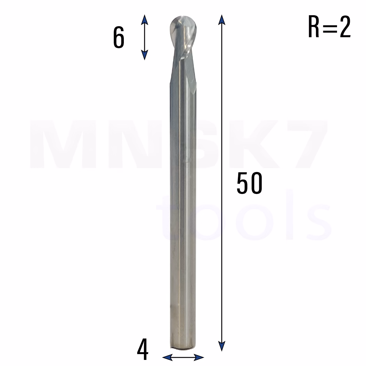 Frez kulowy 3D 2P | trzpień 4 mm | fi 4 x 6 x 50 | R2 | HRC55 | VHM CNC