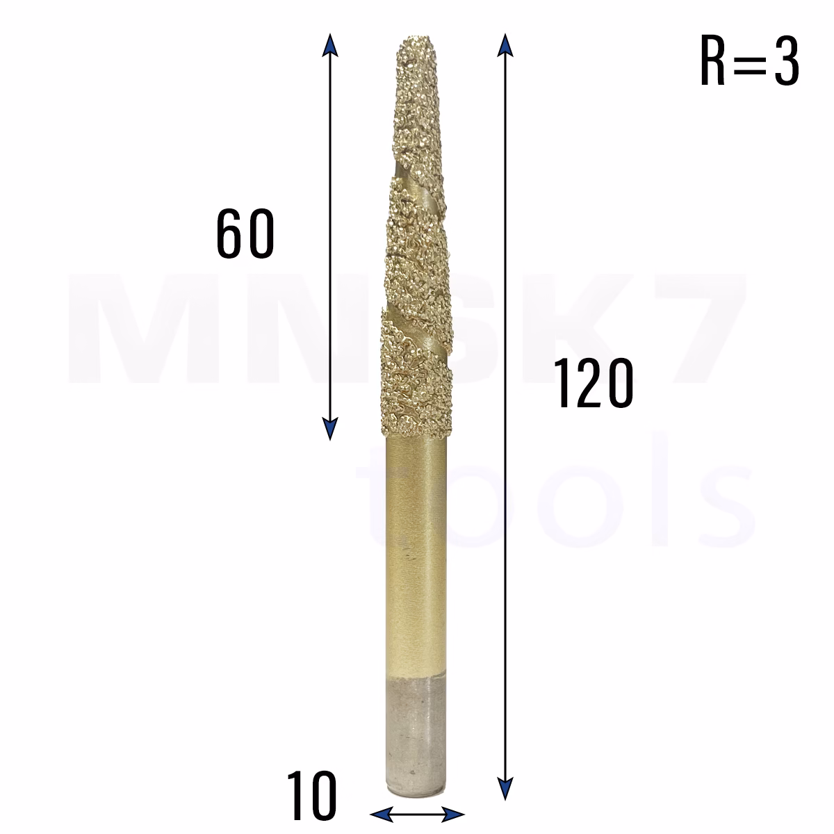 Frez diamentowy stożkowy kulowy do granitu 3D | R 3 | 10 × 60 × 120 | CNC