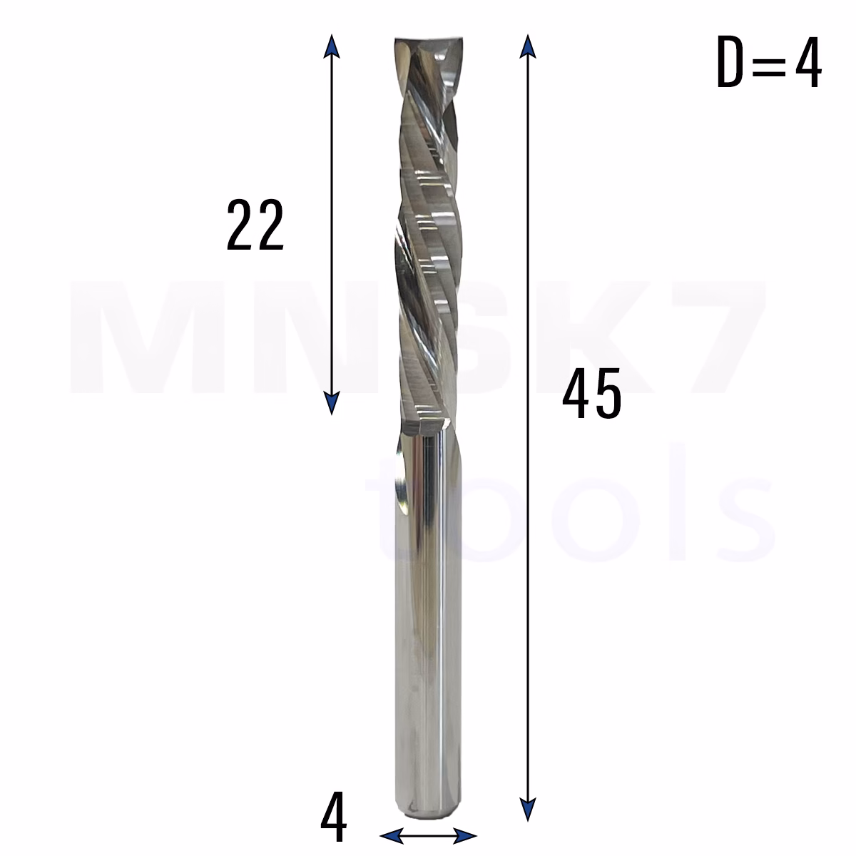 Frez kompresyjny do drewna spiralny CNC 2F 4*4*22*45 (HUHAO)