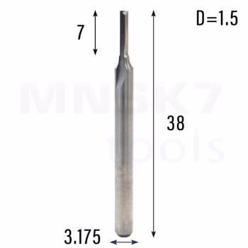 Frez prosty do drewna 2P | fi 1.5 mm x 7 mm x 38 mm | CNC VHM