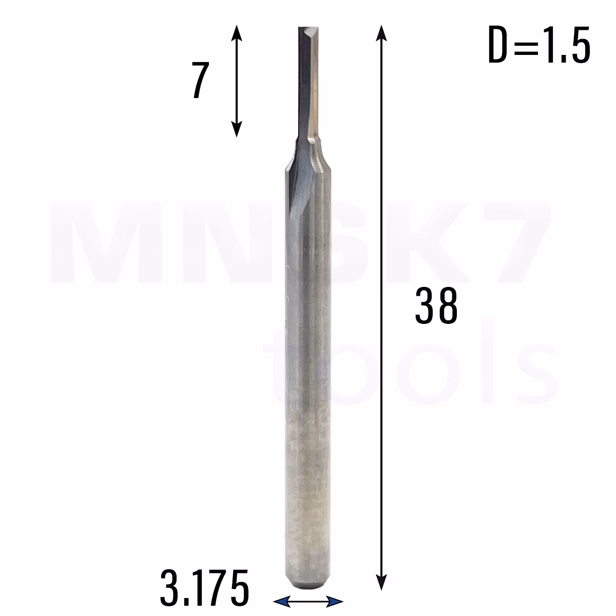 Frez prosty do drewna 2P | fi 1.5 mm x 7 mm x 38 mm | CNC VHM
