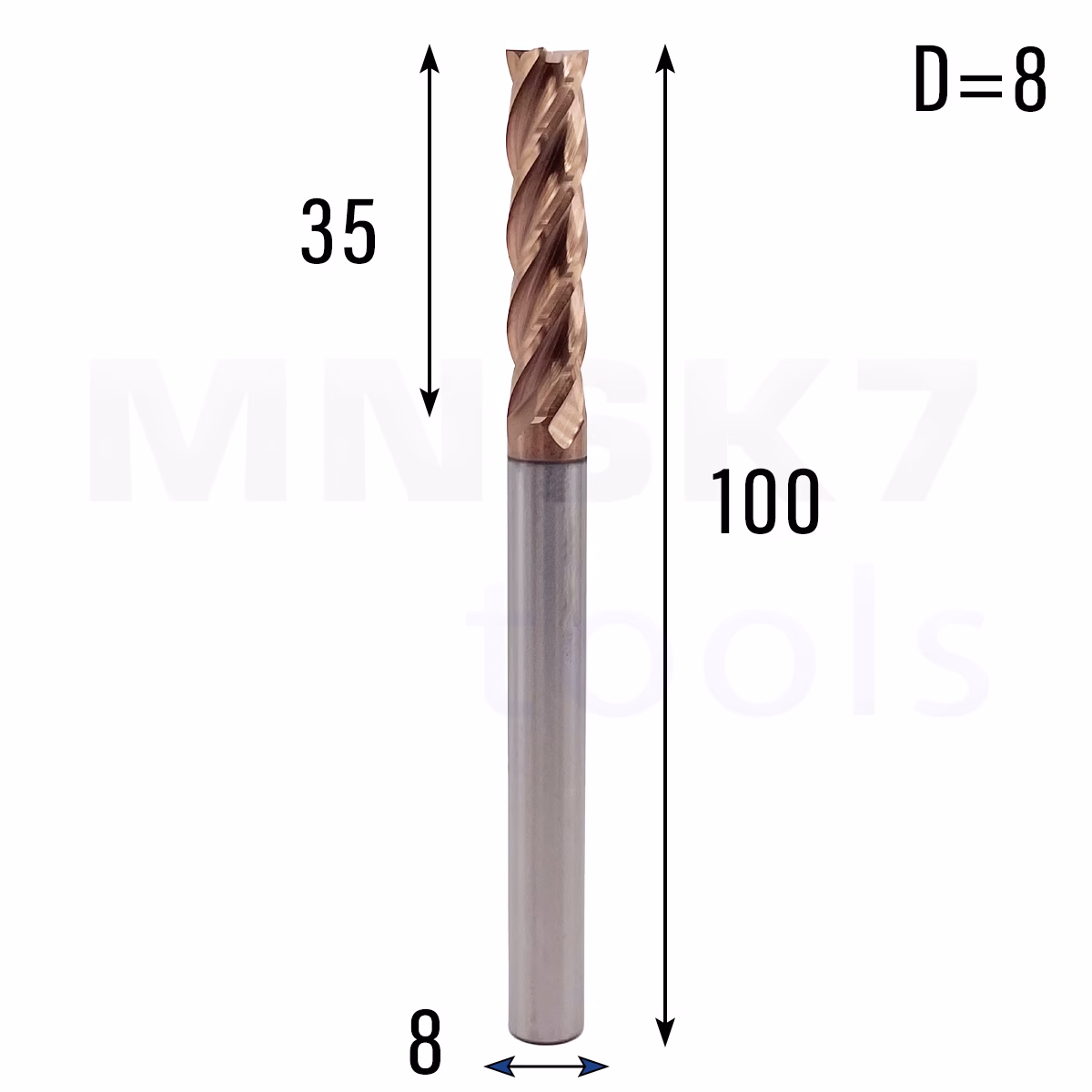 Frez palcowy długi do metalu 4P | fi 8 mm x 35 mm x 100 mm | CNC VHM HRC 55
