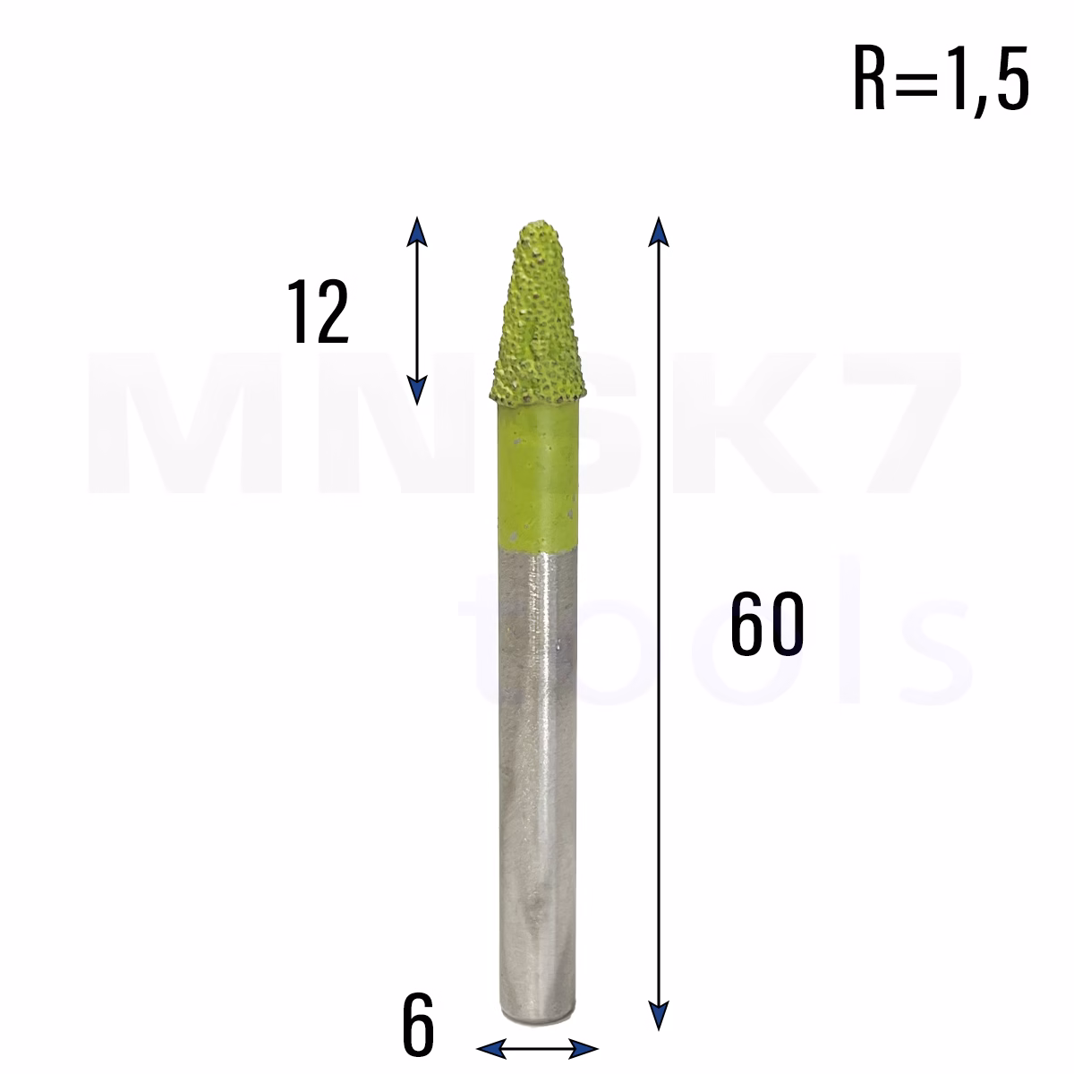 Frez diamentowy stożkowy kulowy do granitu 3D | R 1,5 | 6 × 12 × 60 | CNC