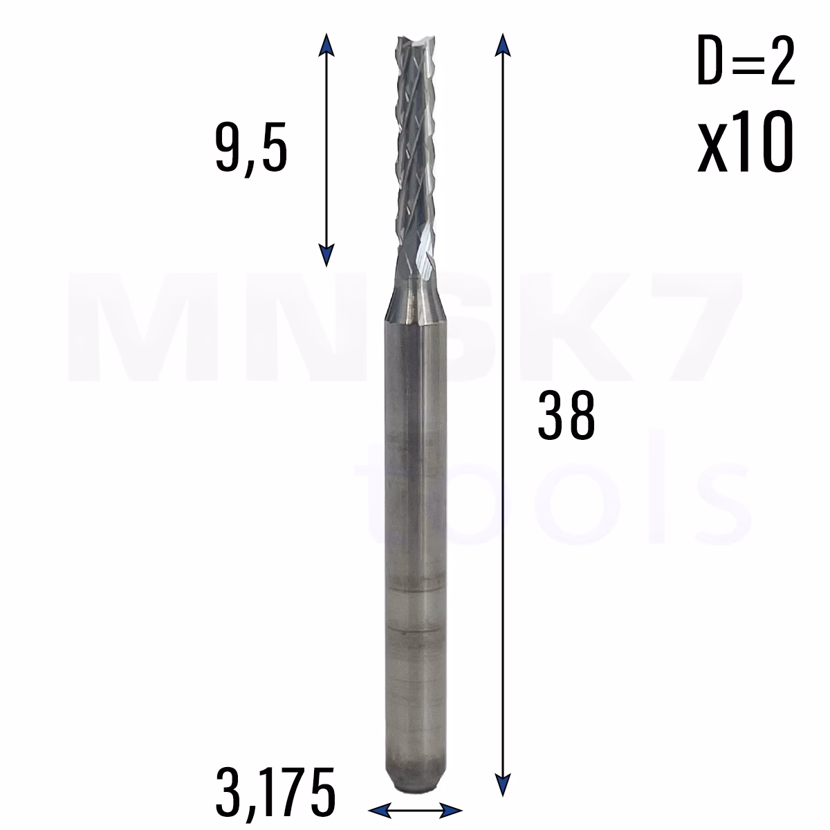 Zestaw frezów wieloostrzowych 10 szt | trzpień 3.175 | fi2 x 9.5 x 38 | CNC