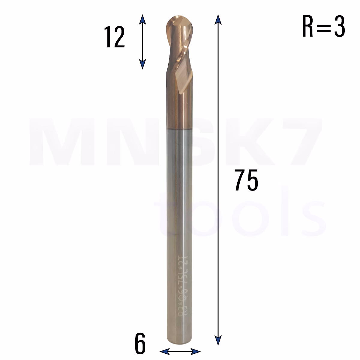 Frez kulowy 3D 2P | trzpień 6 mm | fi 6 x 12 x 75 | R3 | VHM CNC | HRC 55