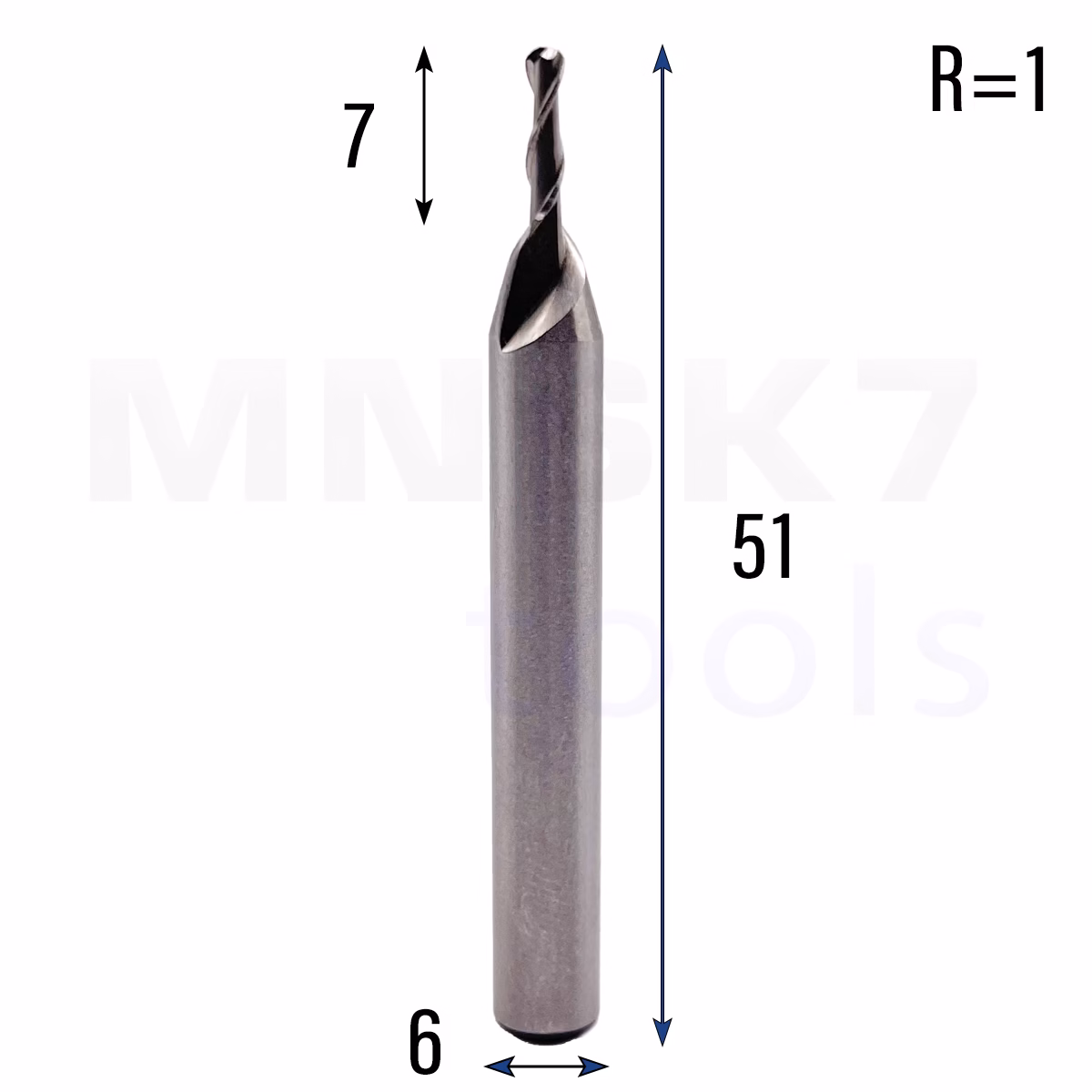 Frez kulowy 3D 2P | trzpień 6 mm | fi 2 x 7 x 51 | R1 | HSS-AL HRC 65 - obrazek 2