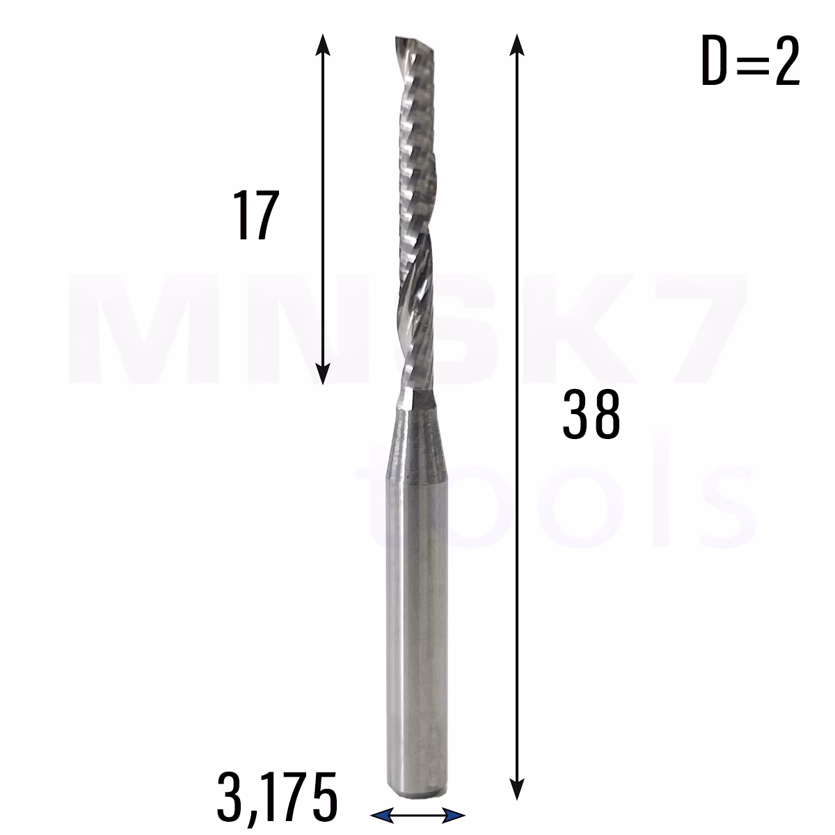 Frez uniwersalny jednopiórowy 1P | fi 2 x 17 x 38 | VHM CNC | Polerowany