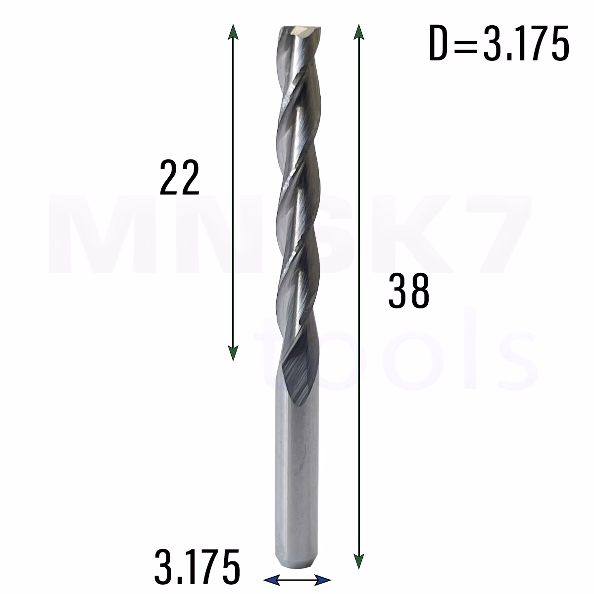 Frez palcowy spiralny do drewna 3P | fi 3.175 x 22 x 38 | CNC VHM