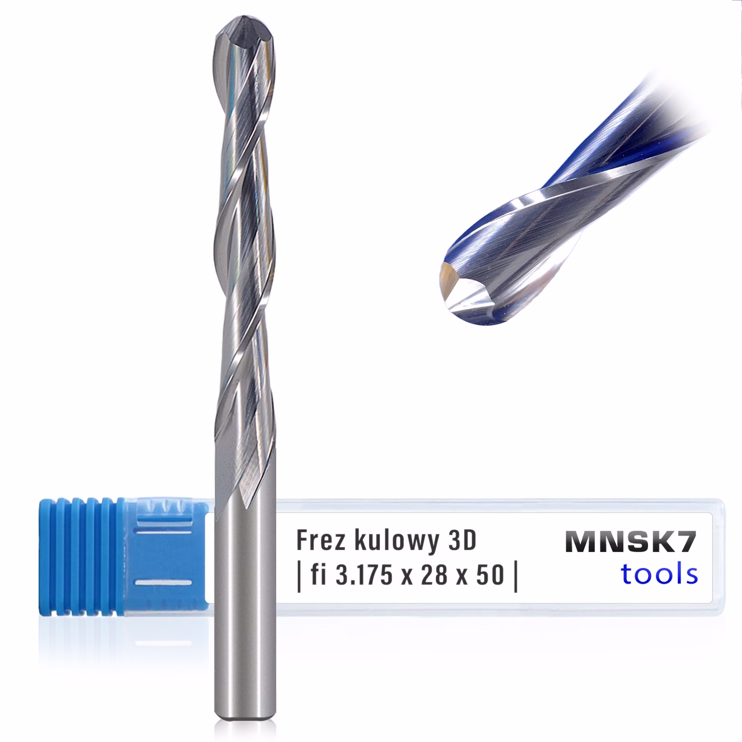 Frez kulowy 3D 2P | trzpień 3.175 mm | fi 3.175 x 28 x 50 | R1.59 | VHM CNC