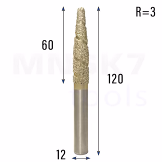 Frez diamentowy stożkowy kulowy do granitu 3D | R 3 | 12 × 60 × 120 | CNC