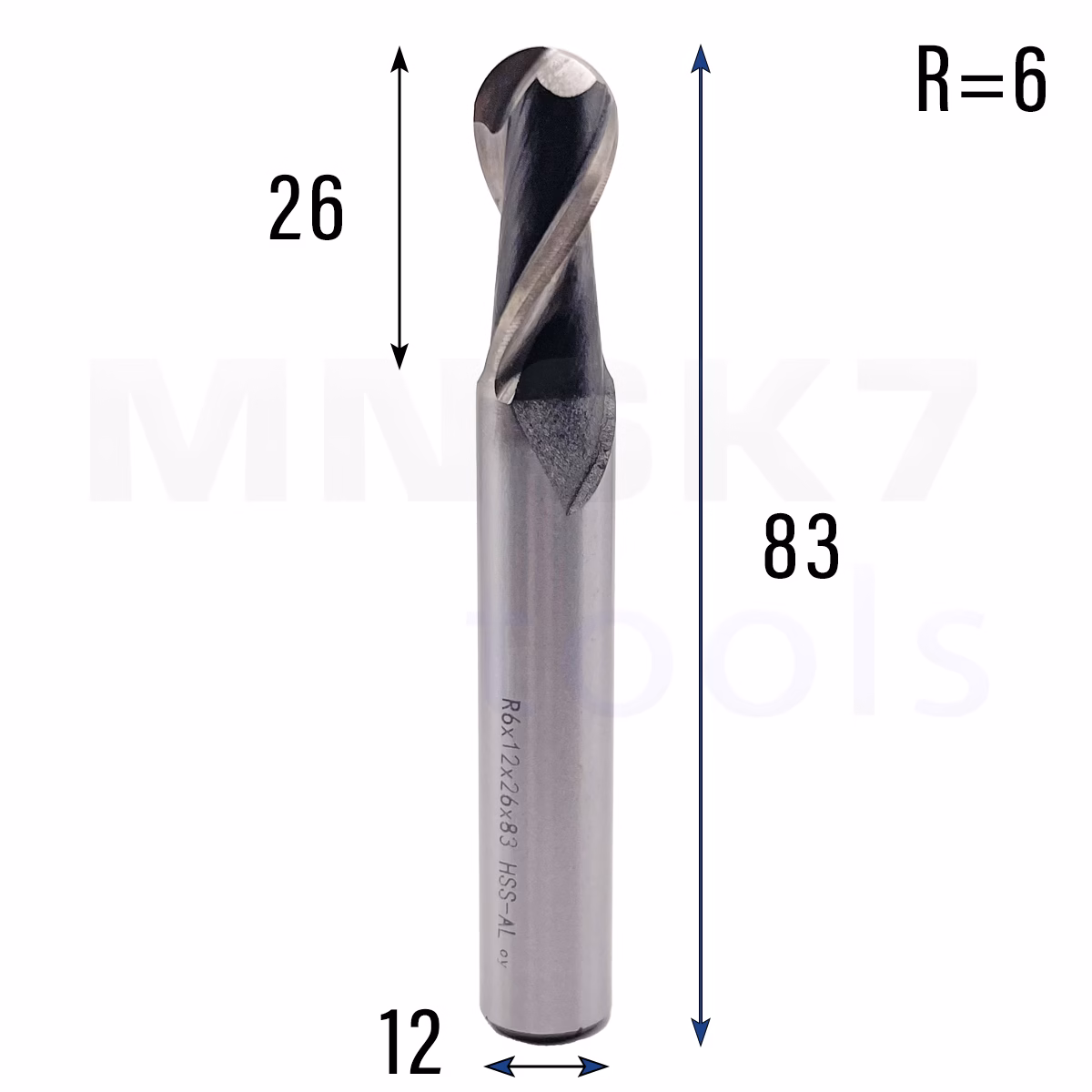 Frez kulowy 3D 2P | trzpień 12 mm | fi 12 x 26 x 83 | R6 | HSS-AL HRC 65 - obrazek 2
