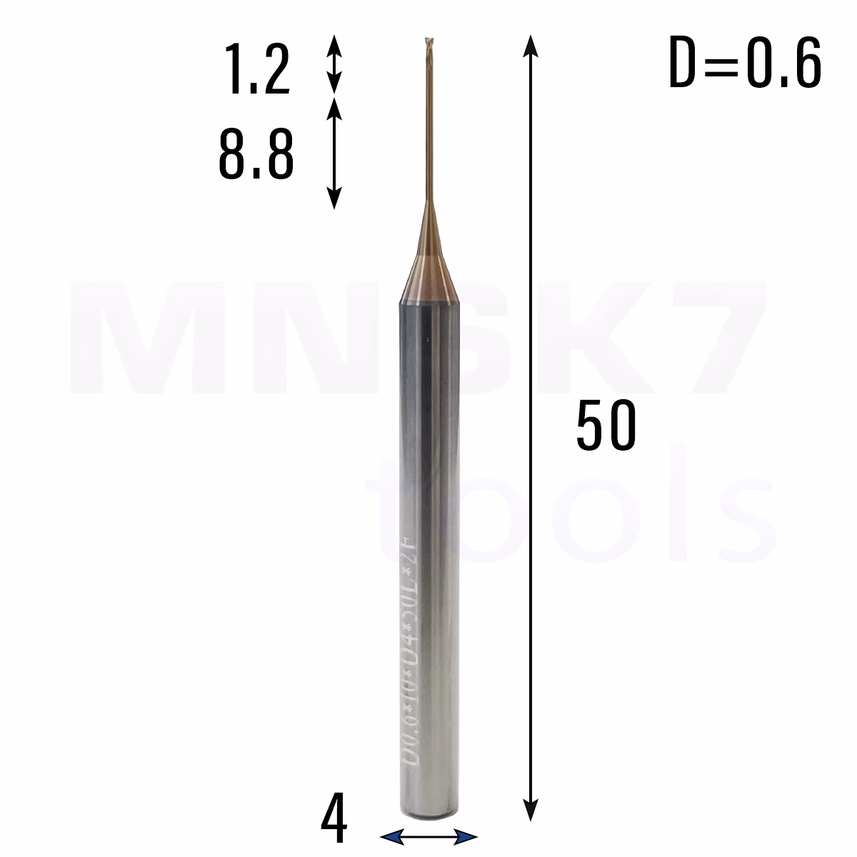 Frez palcowy mikro do metalu 2P | fi 0.6 mm * 50 mm | CNC VHM HRC 55