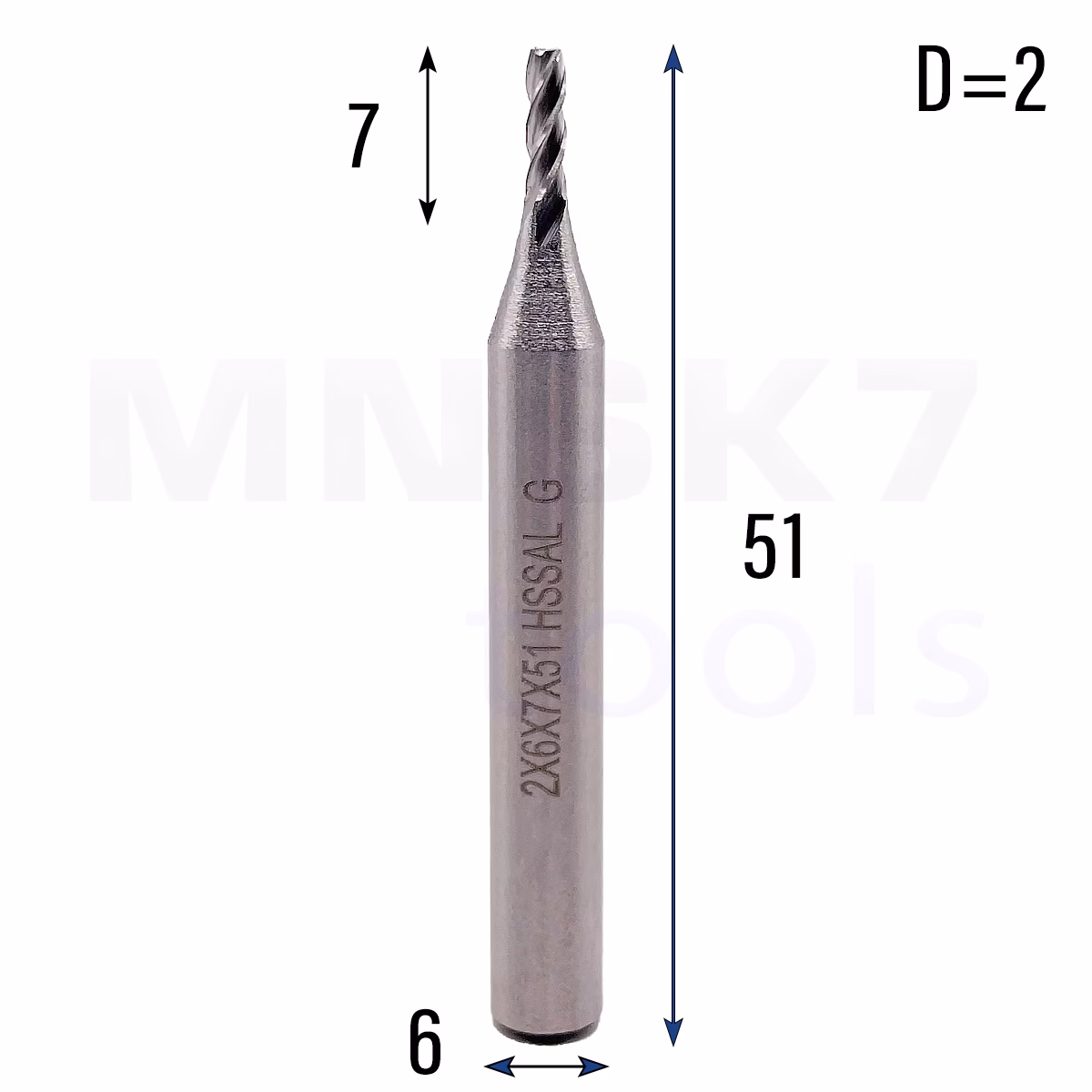 Frez palcowy do stali 4P | trzpień 6 mm | fi 2 x 51 mm | HSS-Al HRC 65 — zdjęcie 2