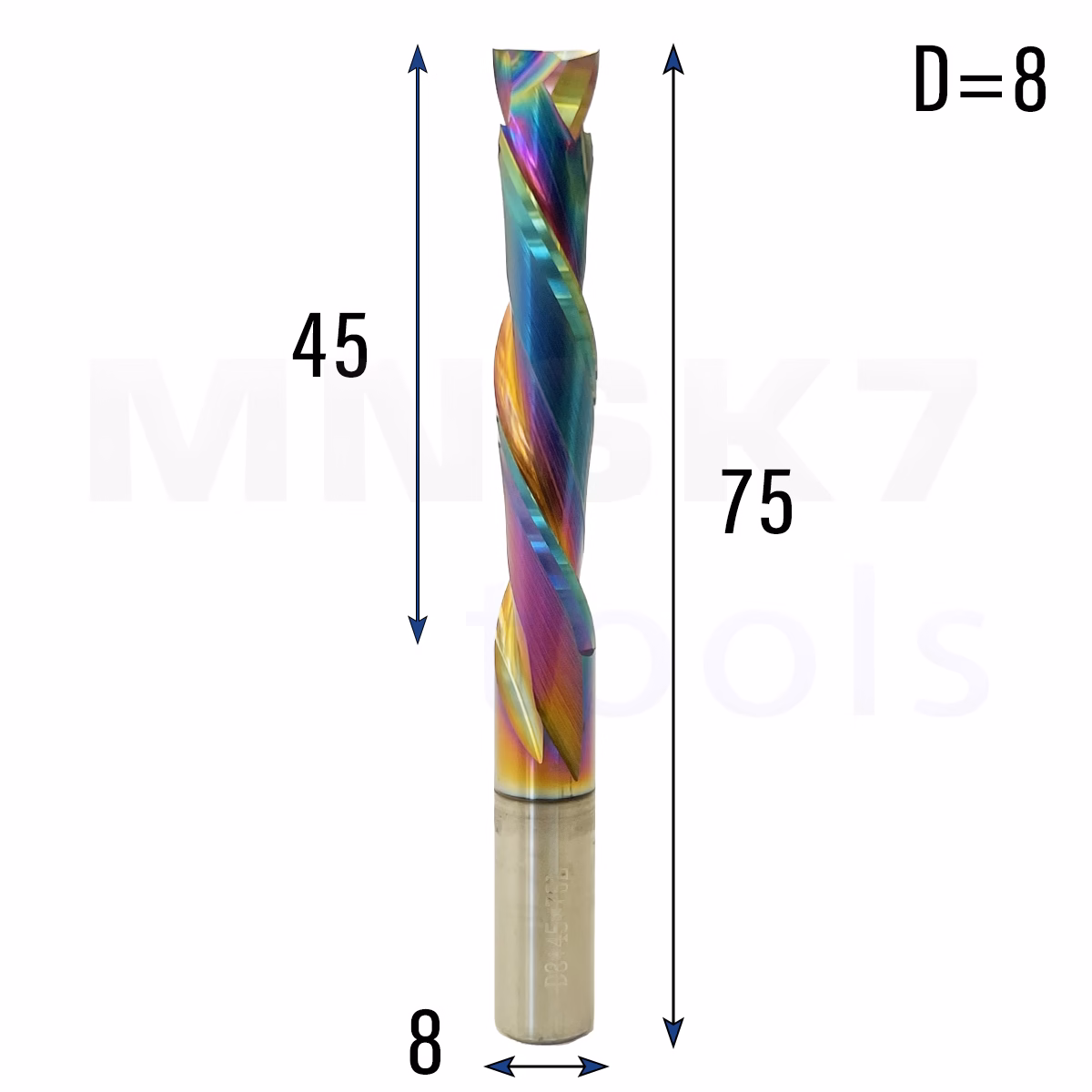 Frez kompresyjny do drewna CNC 2P | fi 8 mm x 75 mm | UP&DOWN | TiN DLC - obrazek 3