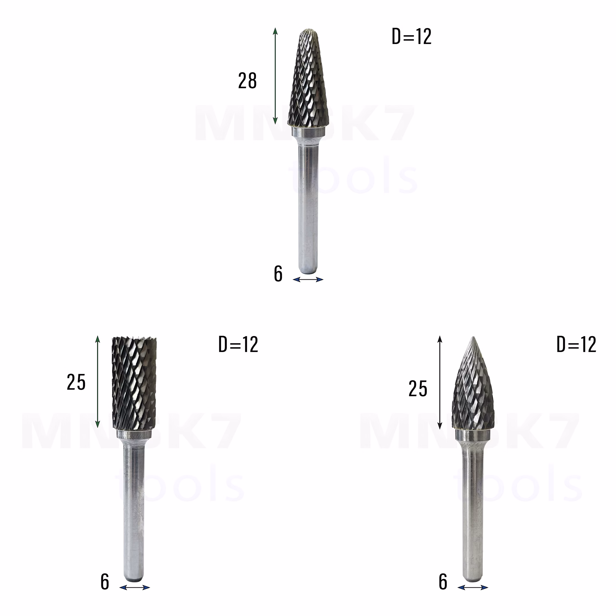 Zestaw frezów pilników obrotowych do metalu | 6 x 12 | VHM HRC 65 | 3 szt. - obrazek 2