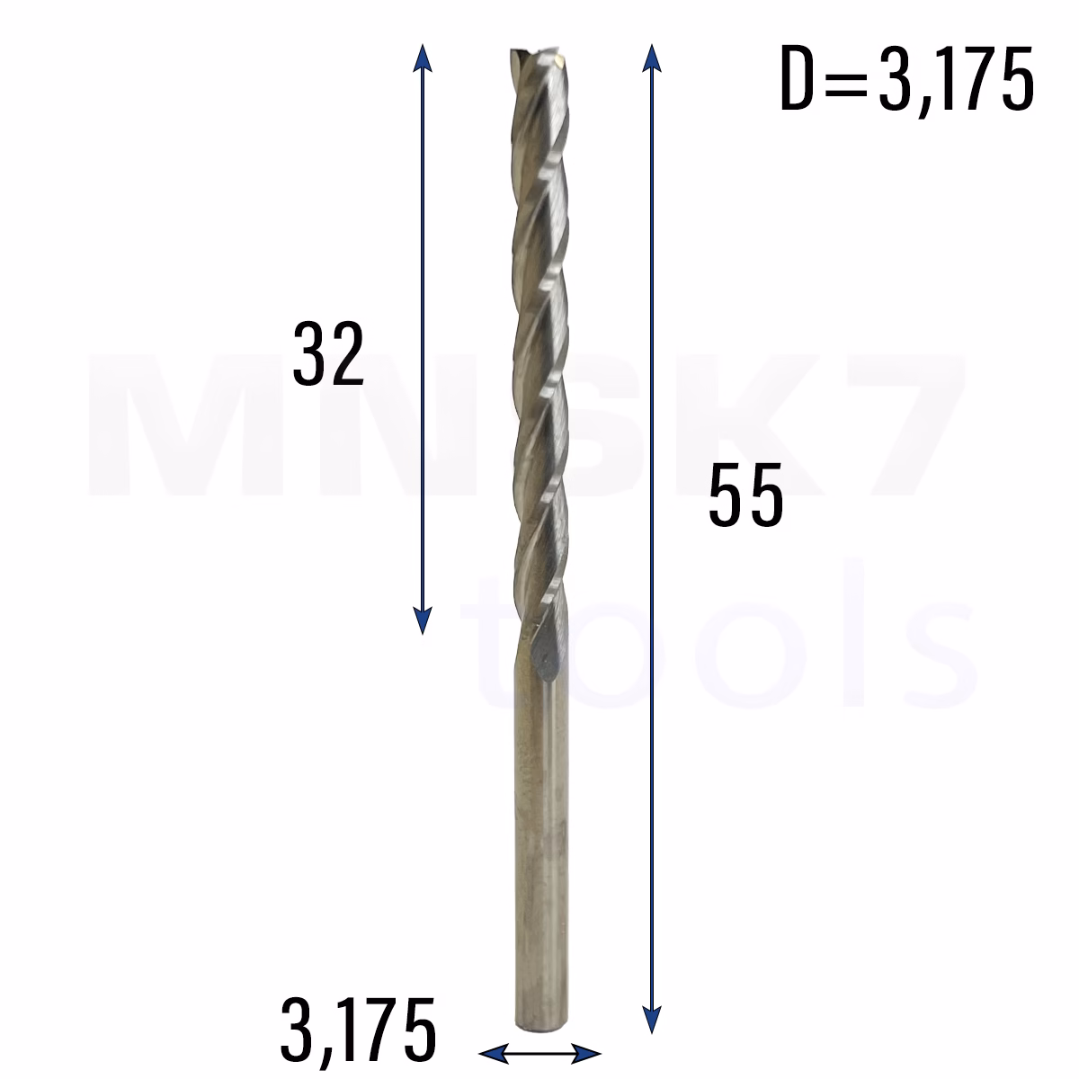 Frez palcowy spiralny do drewna 3P | fi 3.175 x 32 x 55 | CNC VHM