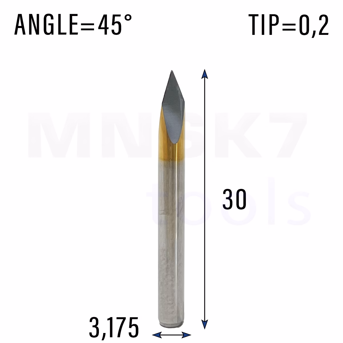 Frez grawer 3P | trzpień 3.175 | fi 0,2 x 30 | 45 stopni | VHM CNC
