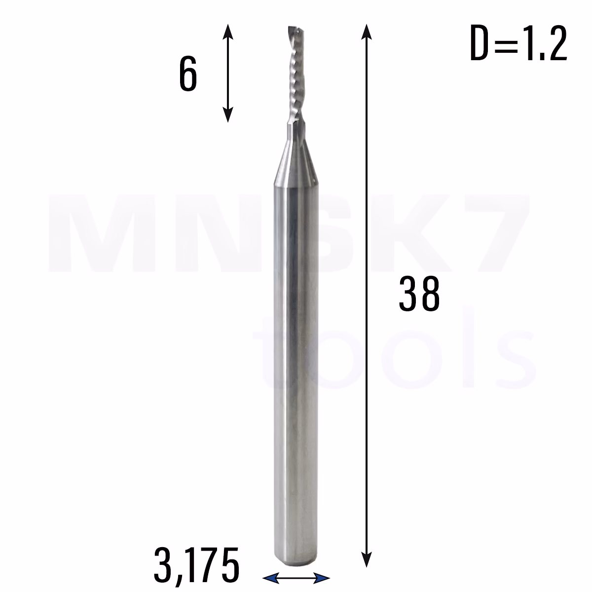 Frez uniwersalny jednopiórowy 1P | fi 1.2 x 6 x 38 | VHM CNC | Polerowany
