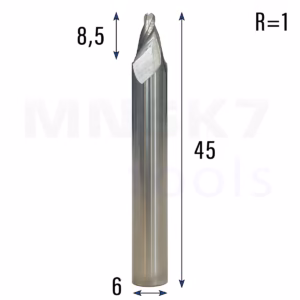 Frez stożkowy kulowy 3D | 6 x 8,5 x 45 | R1 | HRC55 | 30°